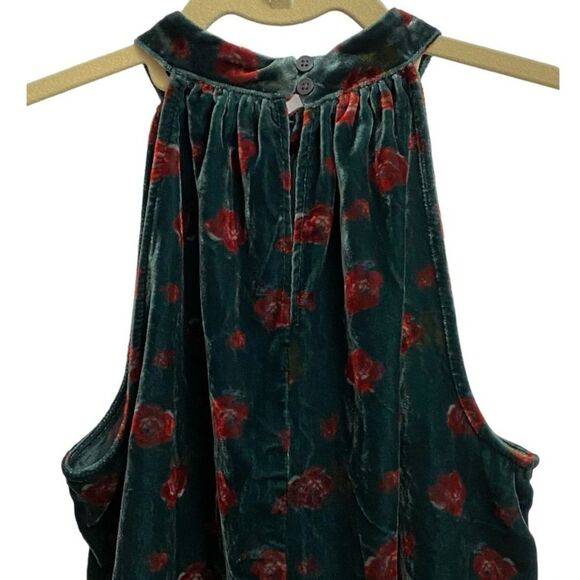 NWT Loft Women's Halter Top Size XS Floral Velvet Shirred Green Red Coquette - Picture 9 of 13